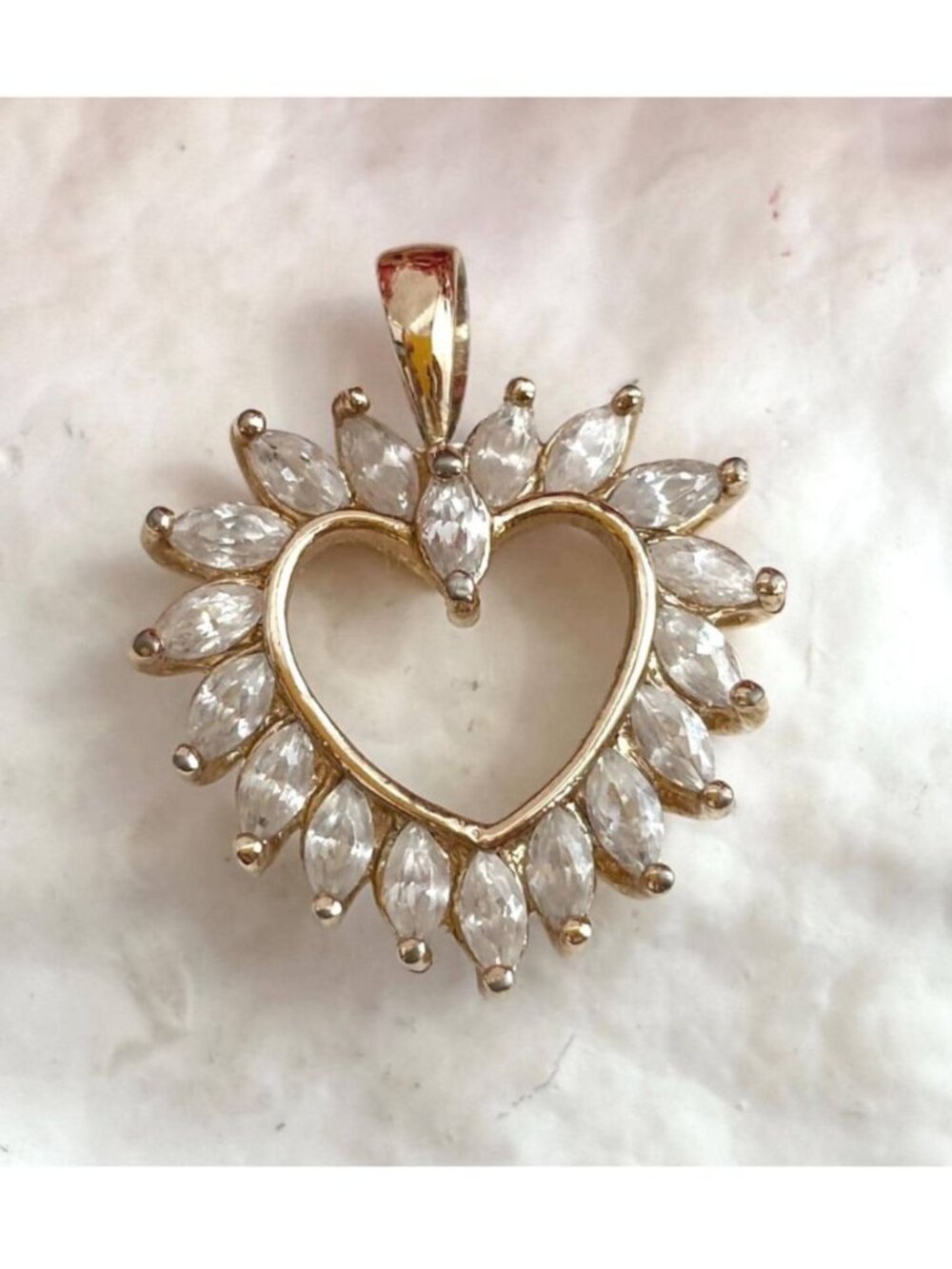 Gold Overlay Cubic Zirconia Heart Shaped Sterling Silver 925 Vintage Pendant